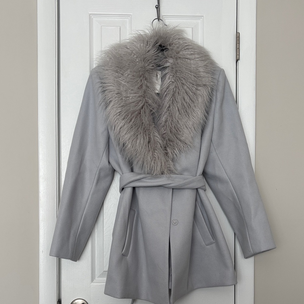 H&M Gray Teddy Jacket with Faux Fur Collar
